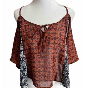 INTU Blue + Brown Floral Chiffon Halter Top With Strappy Back Cold Shoulder XS